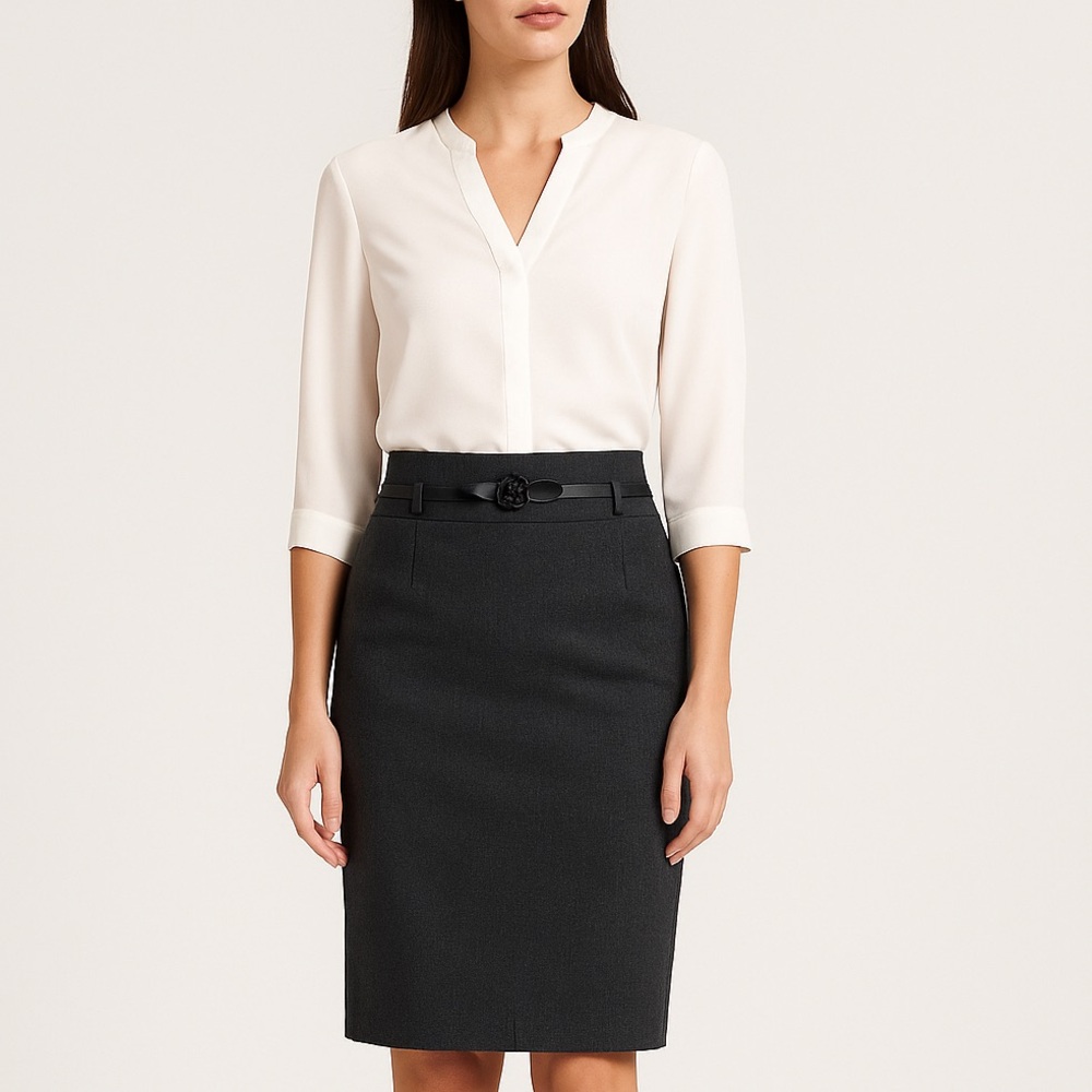 United Colors of‎ Benetton Gray Pencil Wool Skirt Floral Belt Accent Size 4